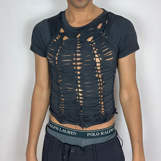 ASTROBOI* 'Lines' black form-fitting braided compression shirt with hand-braided detailing throughout, cropped length, front view.