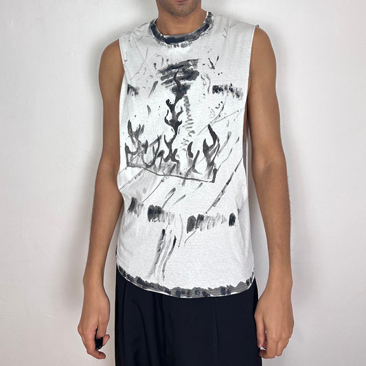 ASTROBOI* x Hanes 'Flames' white loose-fitting muscle shirt with hand-drawn black scribbles and flame tattoo print throughout, large armholes, front view.