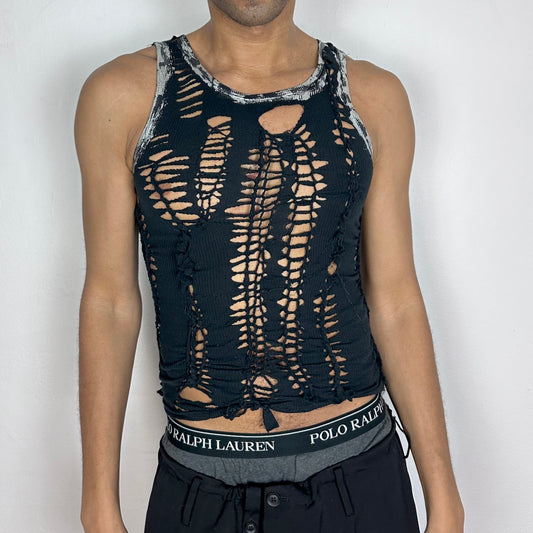 ASTROBOI* 'Zinc' black slim-fitting braided twist tank top with silver metallic foiling along neckline and arms, hand-braided detailing throughout, front view.