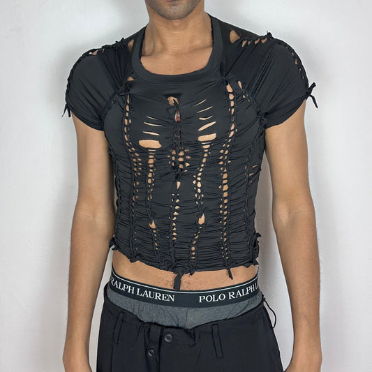 ASTROBOI* 'Pandora' black slim-fitting short sleeve braided compression crop top with hand-braided arrangement and cut-outs throughout, front view.