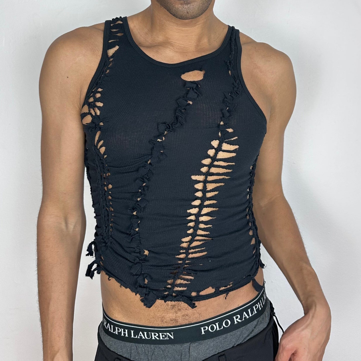 ASTROBOI* 'Morningstar' black close-fitting braided twist tank top with hand-braided arrangement, knots, and cut-outs throughout, front view.