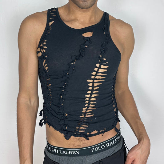 ASTROBOI* 'Morningstar' black close-fitting braided twist tank top with hand-braided arrangement, knots, and cut-outs throughout, front view.