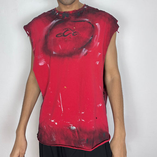 ASTROBOI* Y2K Orange County Choppers red sleeveless muscle tank top with black airbrush detailing, white and black paint splatter, distressing, and OCC branding at front, baggy fit, front view.