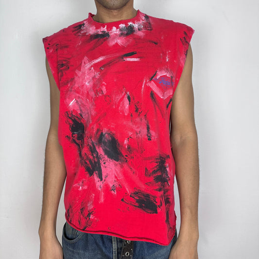 ASTROBOI* 'Hobie' red relaxed-fit painterly graphic t-shirt with white and black paint splatters, technicolor Hobie logo at front chest, and raw hem, front view.