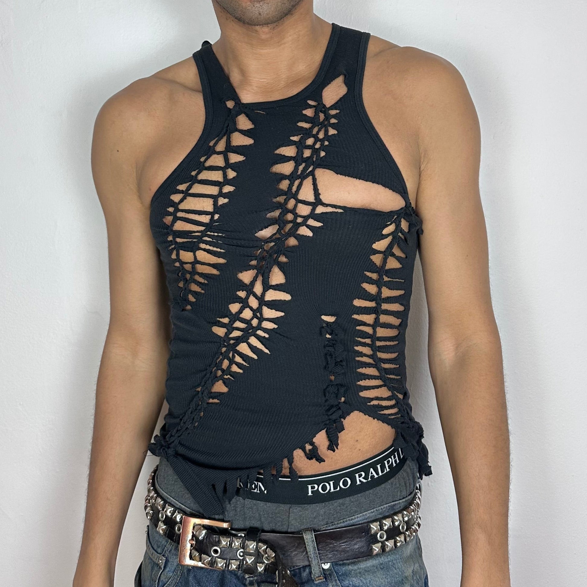 ASTROBOI* 'Highbeam' black close-fitting braided twist tank top with cut-outs, left chest cut-out, and fringe hem, front view.