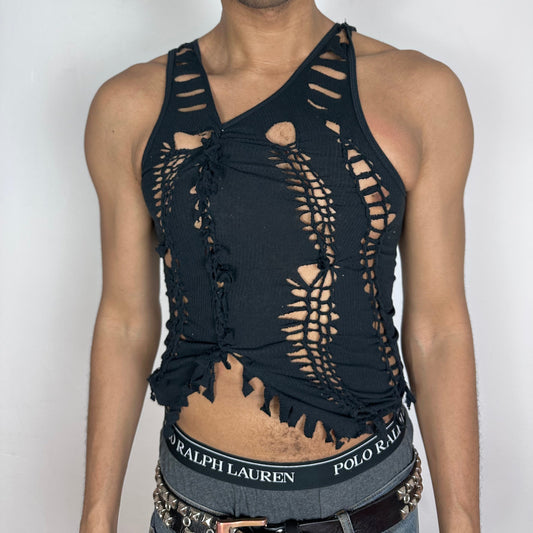 ASTROBOI* 'Andromeda' black slim-fitting braided twist tank top with hand-braided arrangement and deconstructed cut-outs throughout, front view.