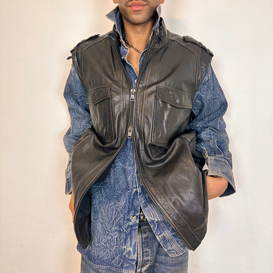 ASTROBOI* BROWN LEATHER SLEEVELESS BIKER JACKET_ 3XL