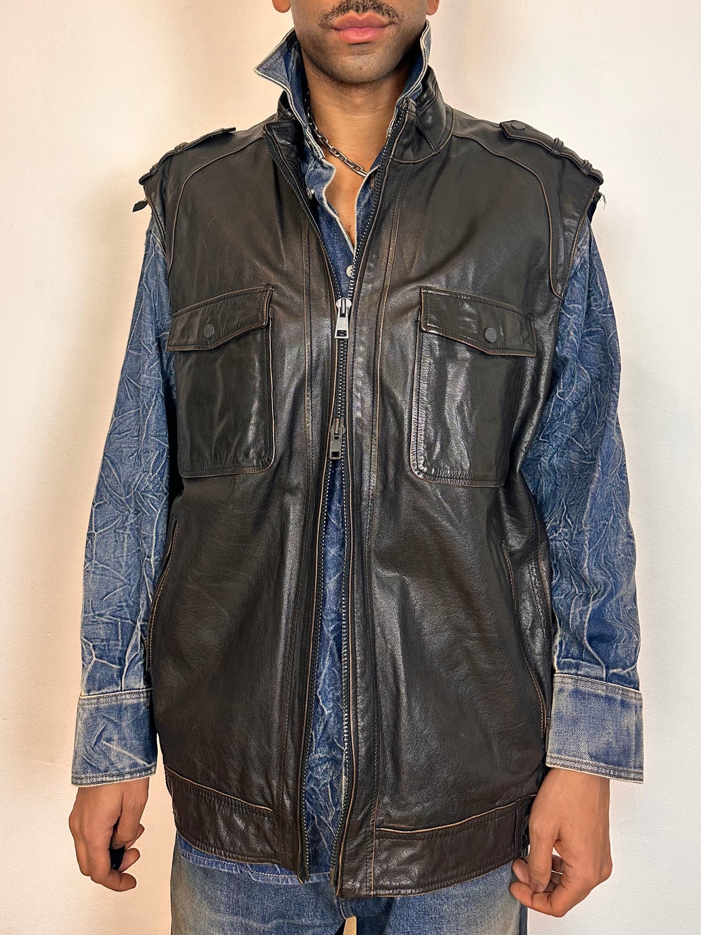 ASTROBOI* BROWN LEATHER SLEEVELESS BIKER JACKET_ 3XL