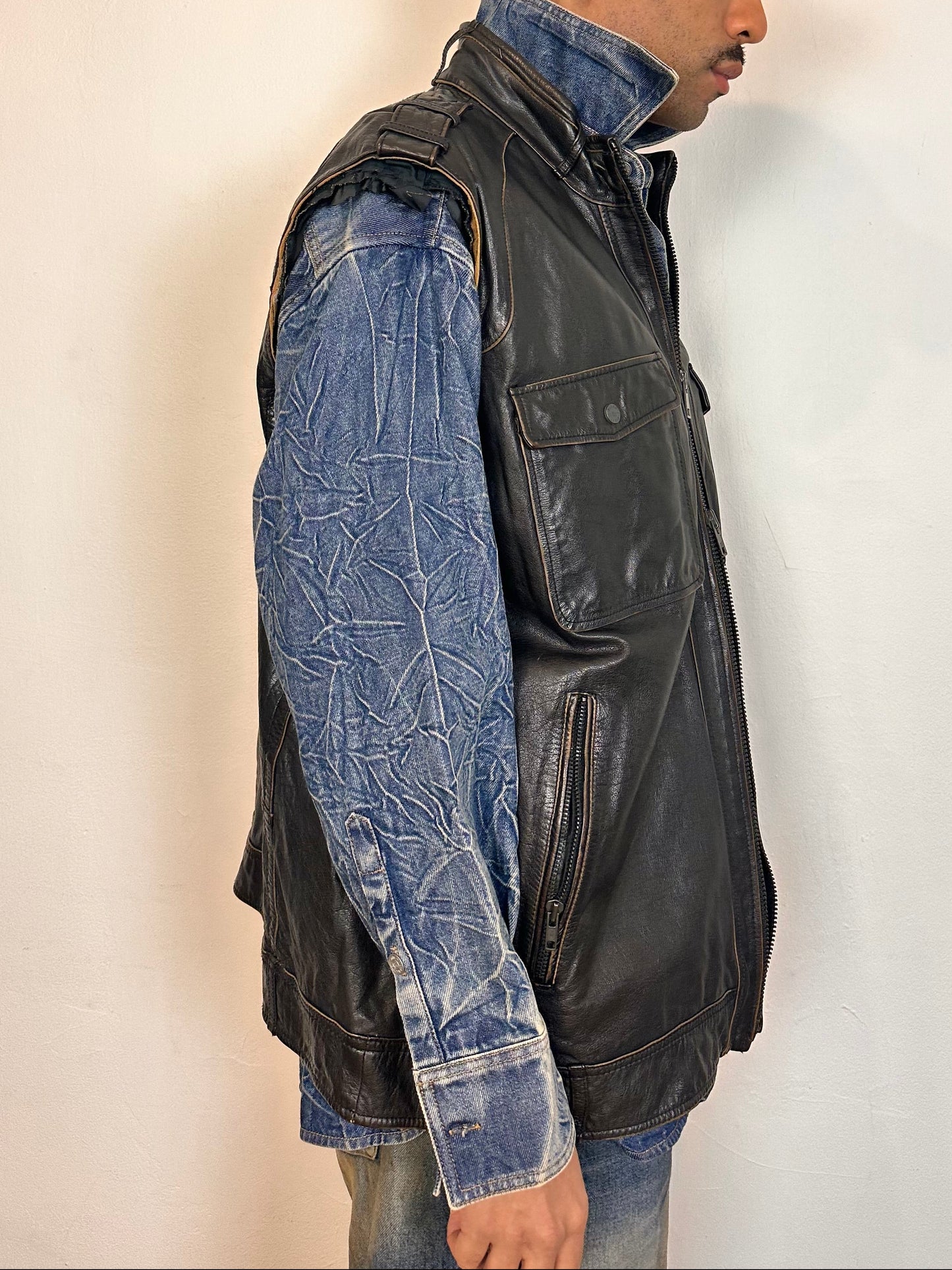 ASTROBOI* BROWN LEATHER SLEEVELESS BIKER JACKET_ 3XL