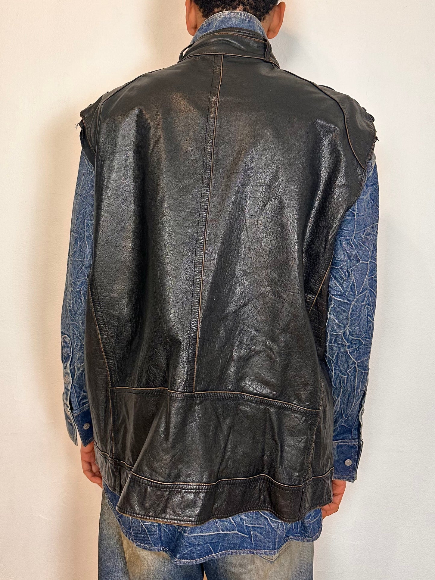 ASTROBOI* BROWN LEATHER SLEEVELESS BIKER JACKET_ 3XL