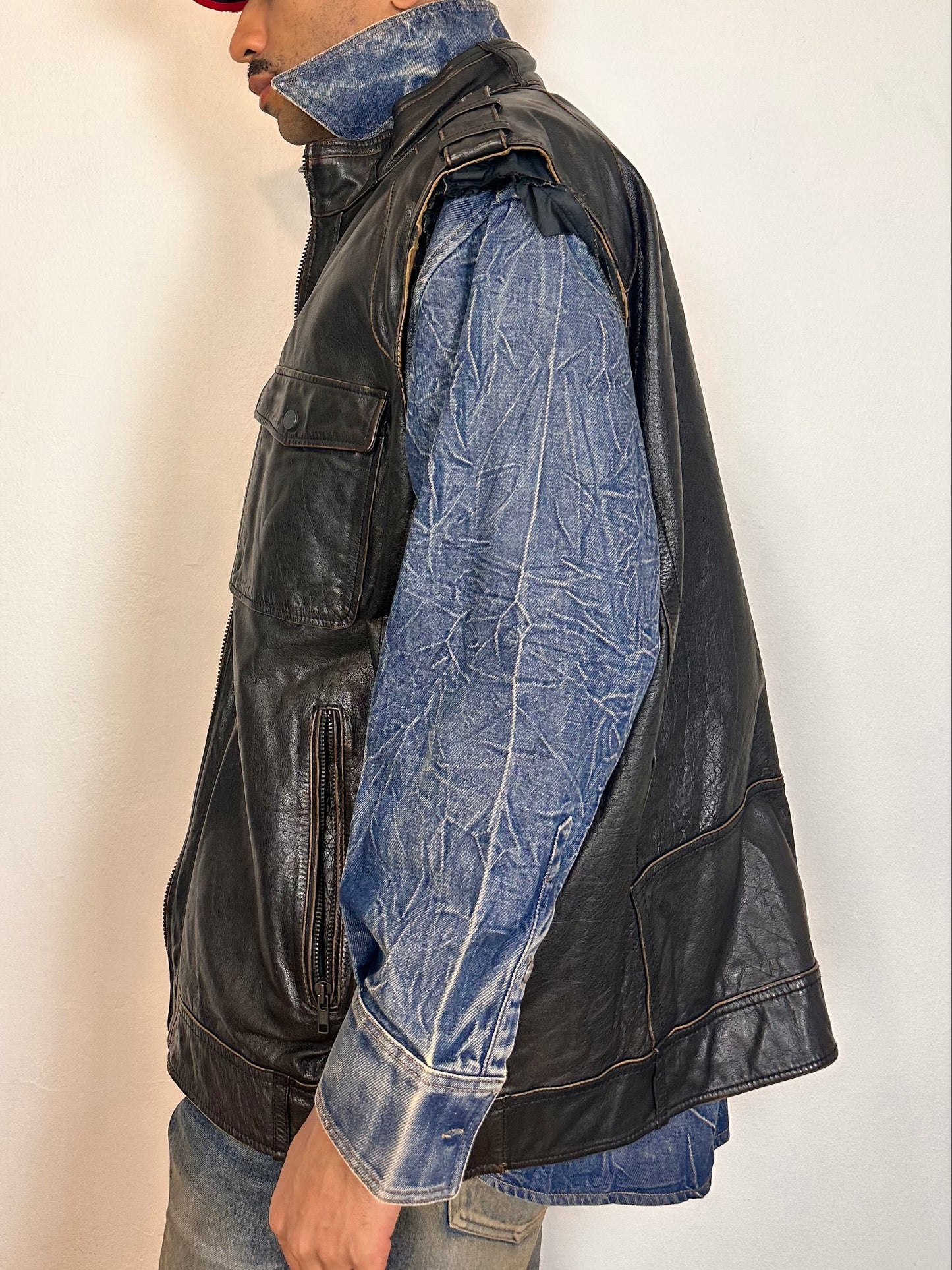 ASTROBOI* BROWN LEATHER SLEEVELESS BIKER JACKET_ 3XL