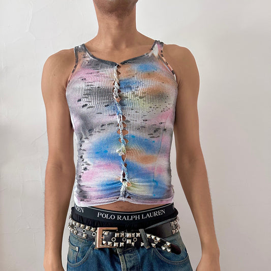 ASTROBOI* x Hanes 'Counting Crows' white braided twist tank top with hand-painted blue slithery design and pink, orange, acid green, and black paint clouds throughout, front view.