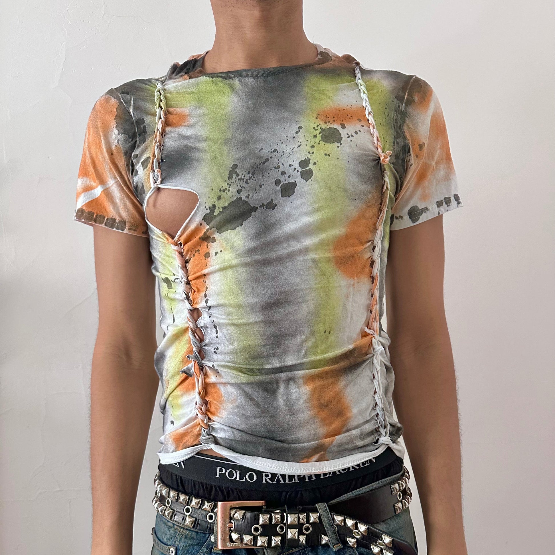 ASTROBOI* x Gildan 'Orange Haze' white heavyweight graphic t-shirt with hand-painted black, gray, and orange abstract design and subtle braid detailing throughout, front view.
