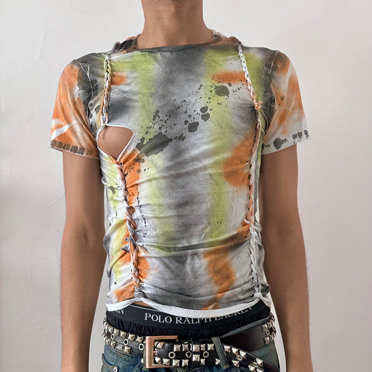 ASTROBOI* x Gildan 'Orange Haze' white heavyweight graphic t-shirt with hand-painted black, gray, and orange abstract design and subtle braid detailing throughout, front view.