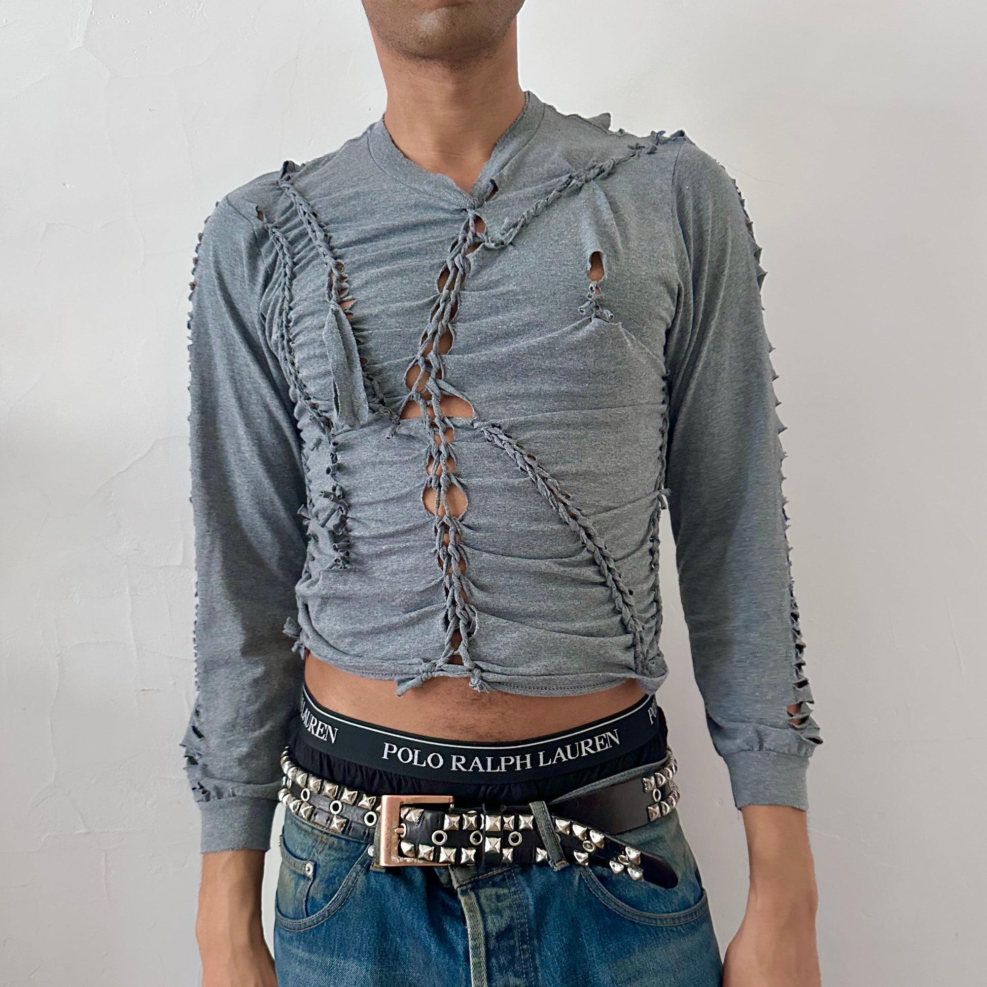 ASTROBOI* x Gildan 'Sl8' gray braided twist long sleeve t-shirt with hand-braided arrangement, knots, and cut-out detailing throughout, front view.