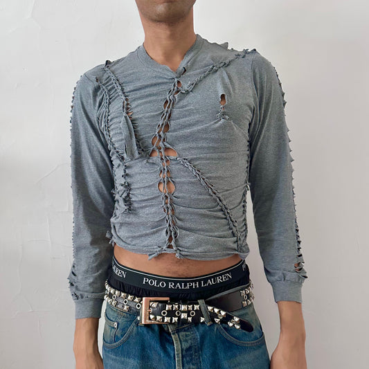 ASTROBOI* x Gildan 'Sl8' gray braided twist long sleeve t-shirt with hand-braided arrangement, knots, and cut-out detailing throughout, front view.