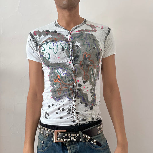 ASTROBOI* x Hanes 'Multicolor' white loose-fitting braided graphic t-shirt with hand-painted multicolor scribble confetti design and single center braid, front view.