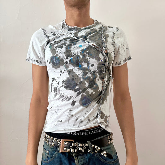 ASTROBOI* x Gildan 'Hidden Messages' white loose-fitting graphic t-shirt with multicolor blue scribble design, white watercolor ink splatters, and braids along the front, front view.