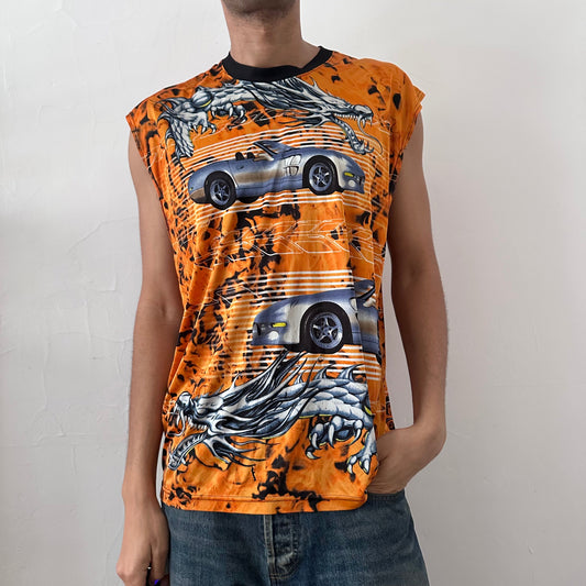 ASTROBOI* vintage No Boundaries orange Y2K oversized muscle tank top with flame background and retro dragon and jaguar motif throughout, relaxed fit, front view.