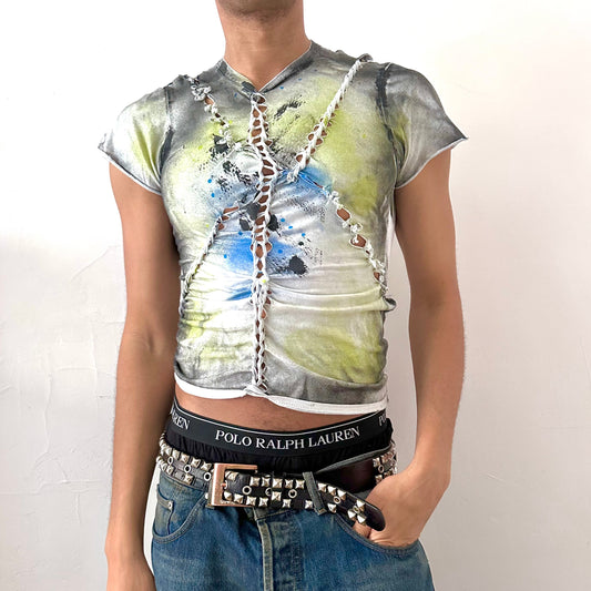 ASTROBOI* x Gildan 'Algae' white braided twist printed t-shirt with intricate hand-braided detailing and acid green, black, and blue abstract hand-printed design, front view.