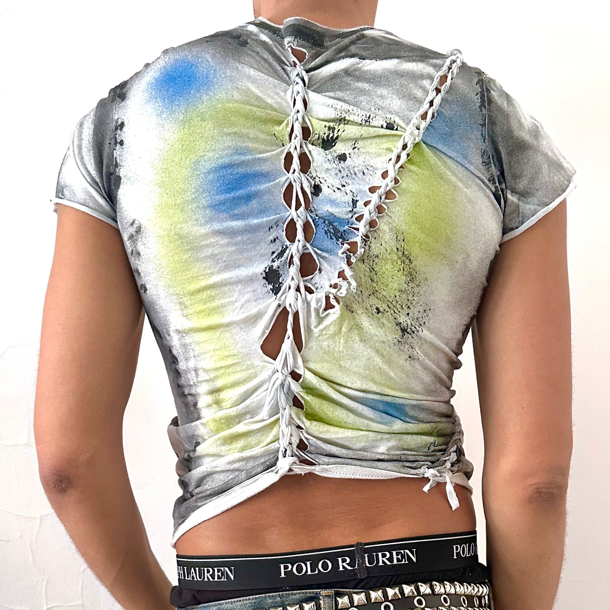 ASTROBOI* x Gildan 'Algae' white braided twist printed t-shirt, rear view showing braid detailing and abstract print construction, worn by male model.