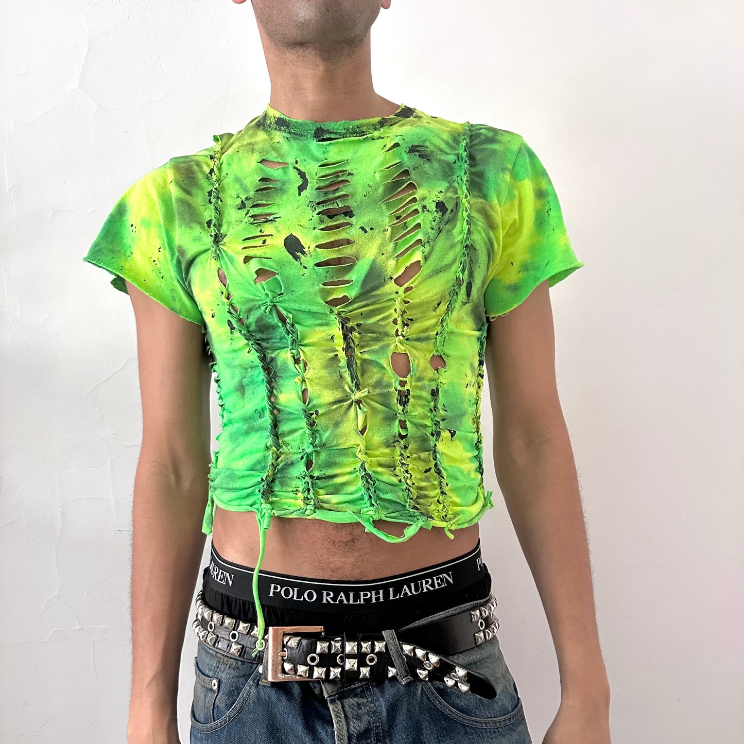 ASTROBOI* x Gildan 'Sage Pulse' neon green tie dye braided twist grunge t-shirt with hand-braided construction and black tar paint details throughout, front view.
