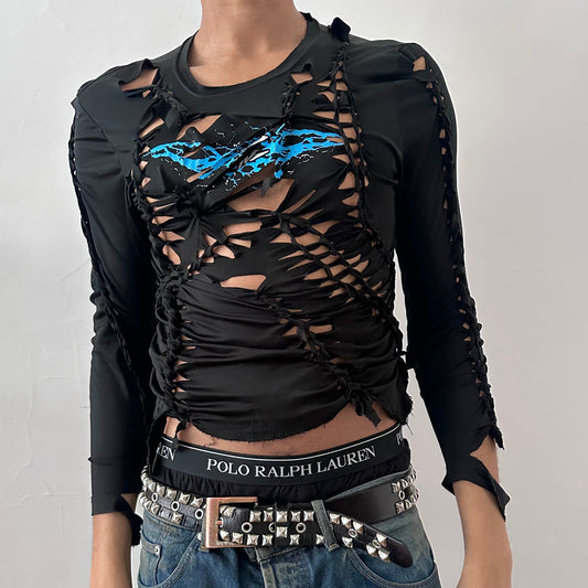 ASTROBOI* 'Thunder' black slim-fitting braided compression top with hand-braided arrangement, cut-outs, blue and white lightning graphic at center chest, and raw hem, front view.