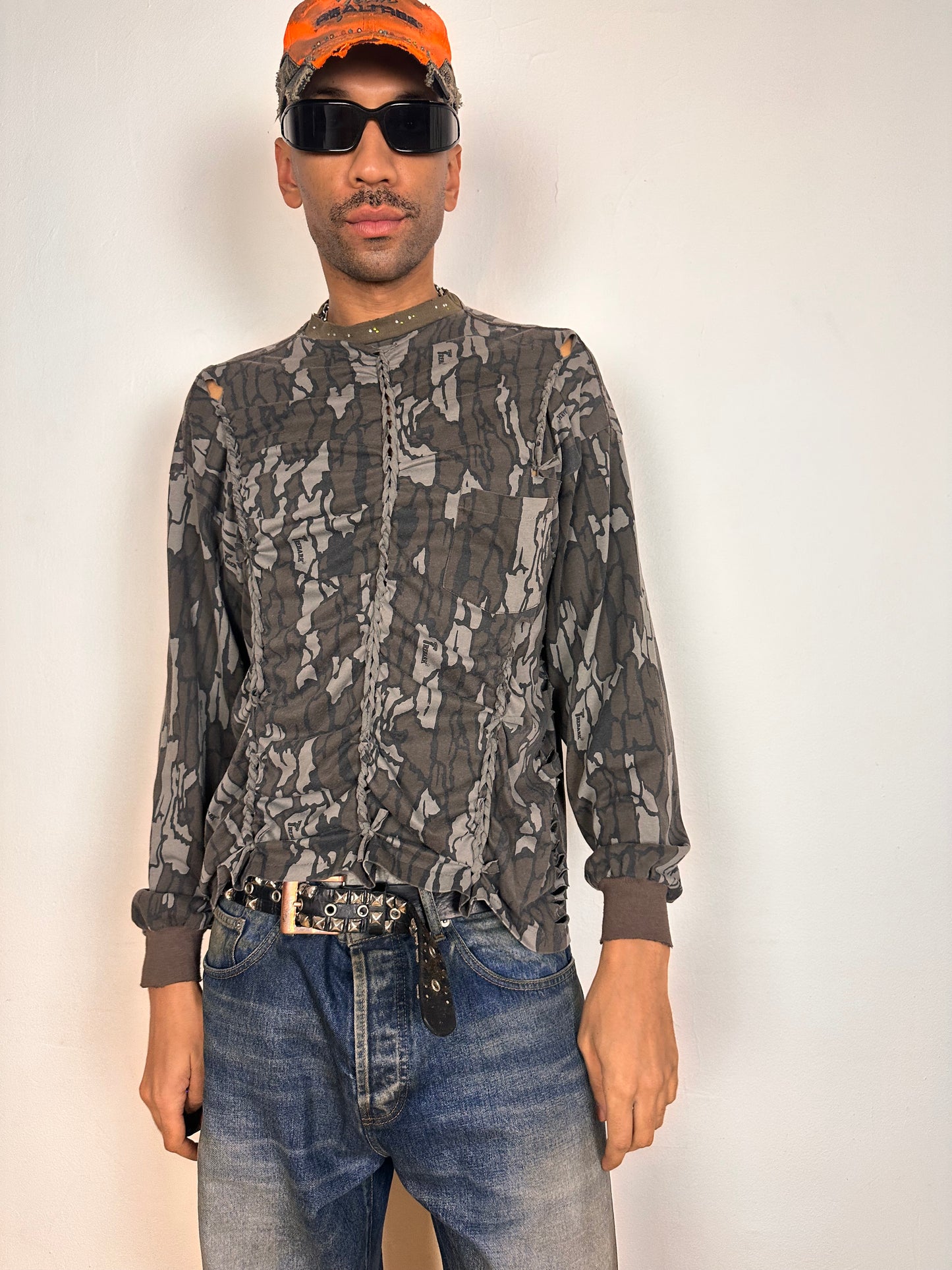 Grey Braided Camo Rhinestone T-shirt - XL