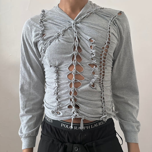 ASTROBOI* x Gildan 'Neutral' gray braided twist long sleeve t-shirt with hand-braided arrangement, knots, and cut-out detailing throughout, front view.