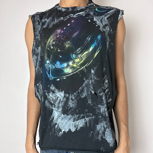 ASTROBOI* x Nike 'Celestial' navy relaxed-fit sleeveless muscle shirt with centered football graphic and white and black brushstroke paint details throughout, raw hem, front view.
