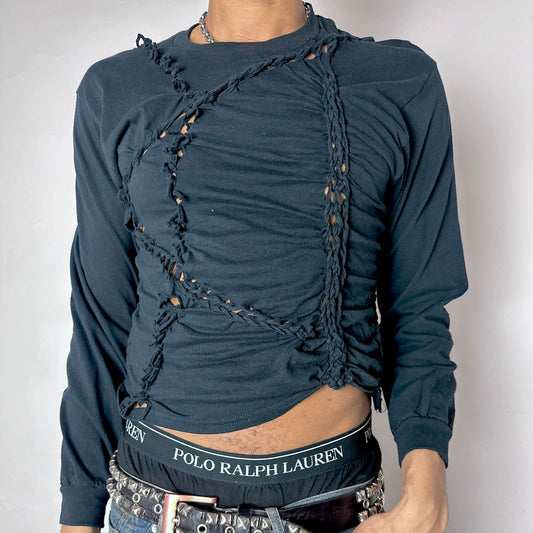 ASTROBOI* x Hanes 'Svart' black braided twist long sleeve t-shirt with modest hand-braided and knotted detailing throughout, front view.
