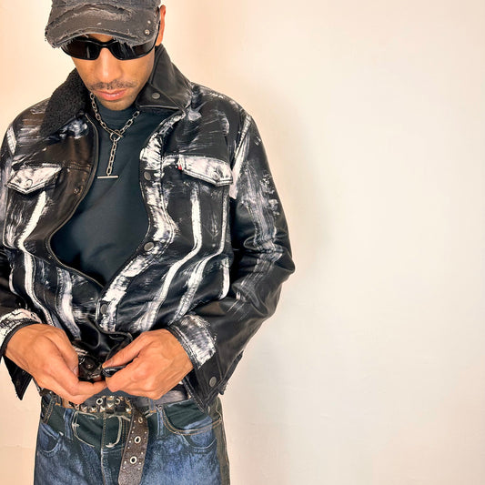 ASTROBOI* LEVIS Black Faux Leather Painted Jacket - XL