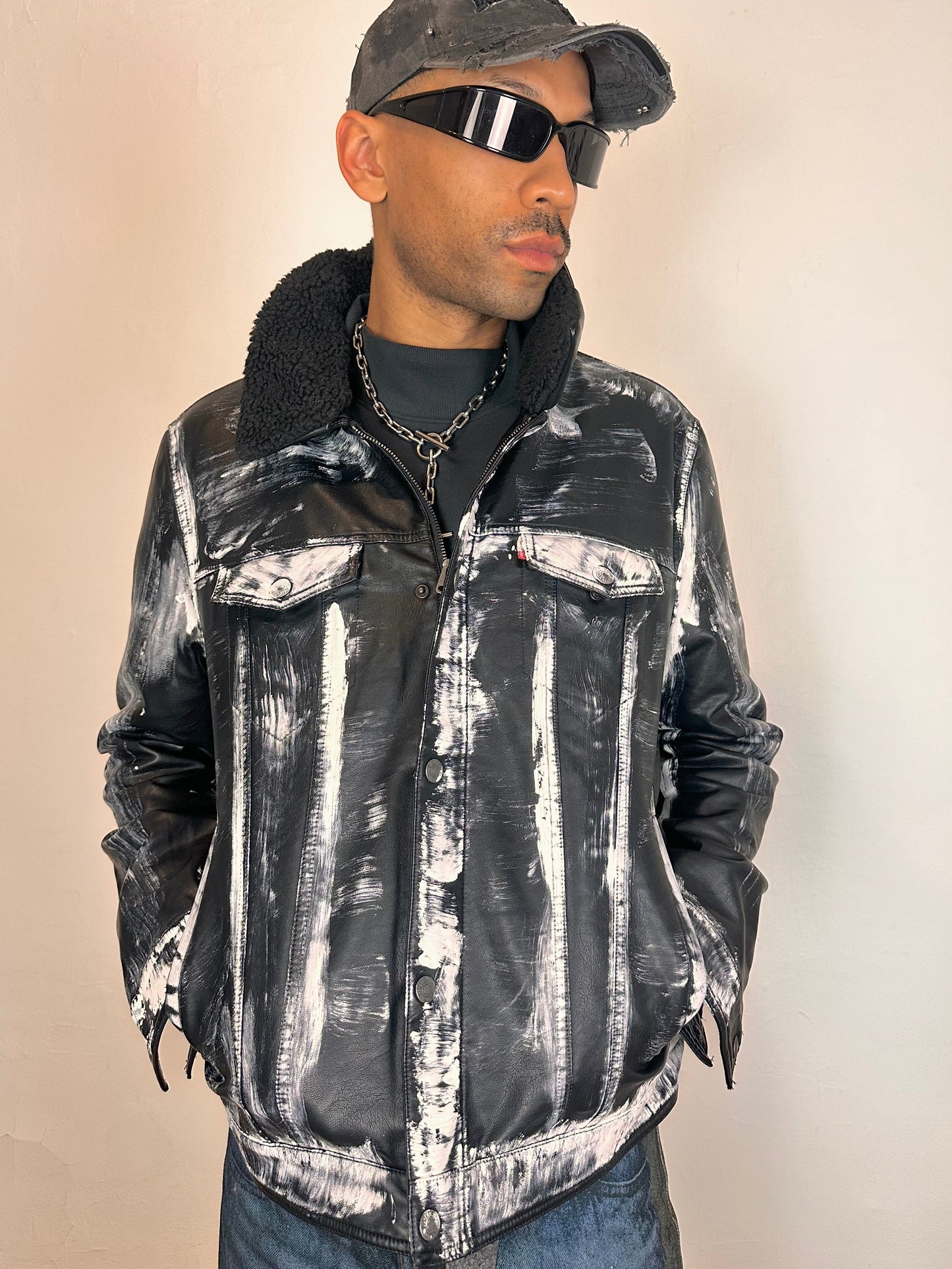 ASTROBOI* LEVIS Black Faux Leather Painted Jacket - XL