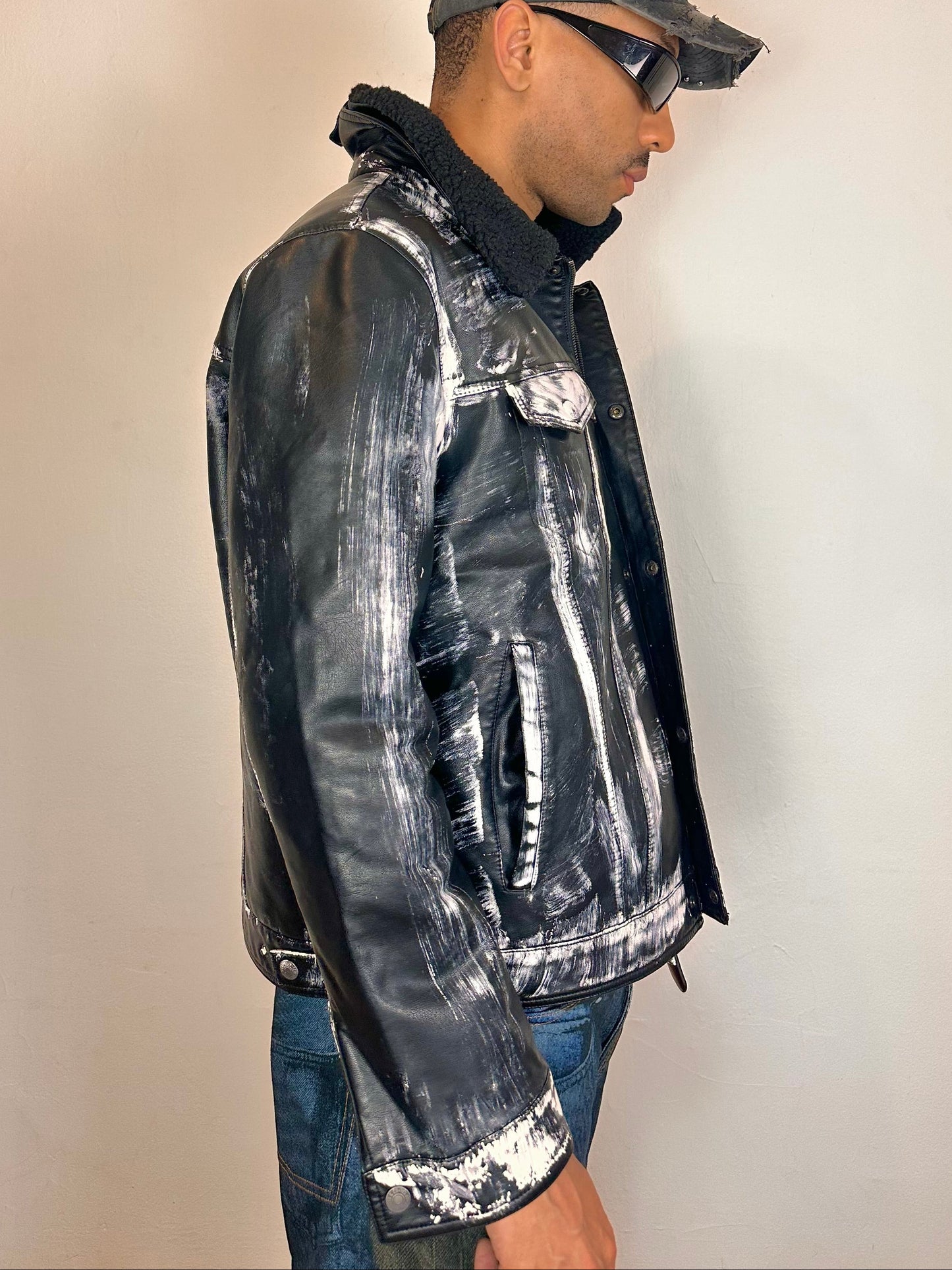 ASTROBOI* LEVIS Black Faux Leather Painted Jacket - XL