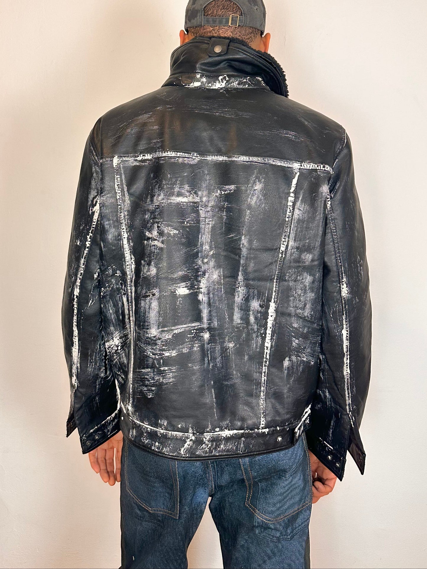 ASTROBOI* LEVIS Black Faux Leather Painted Jacket - XL