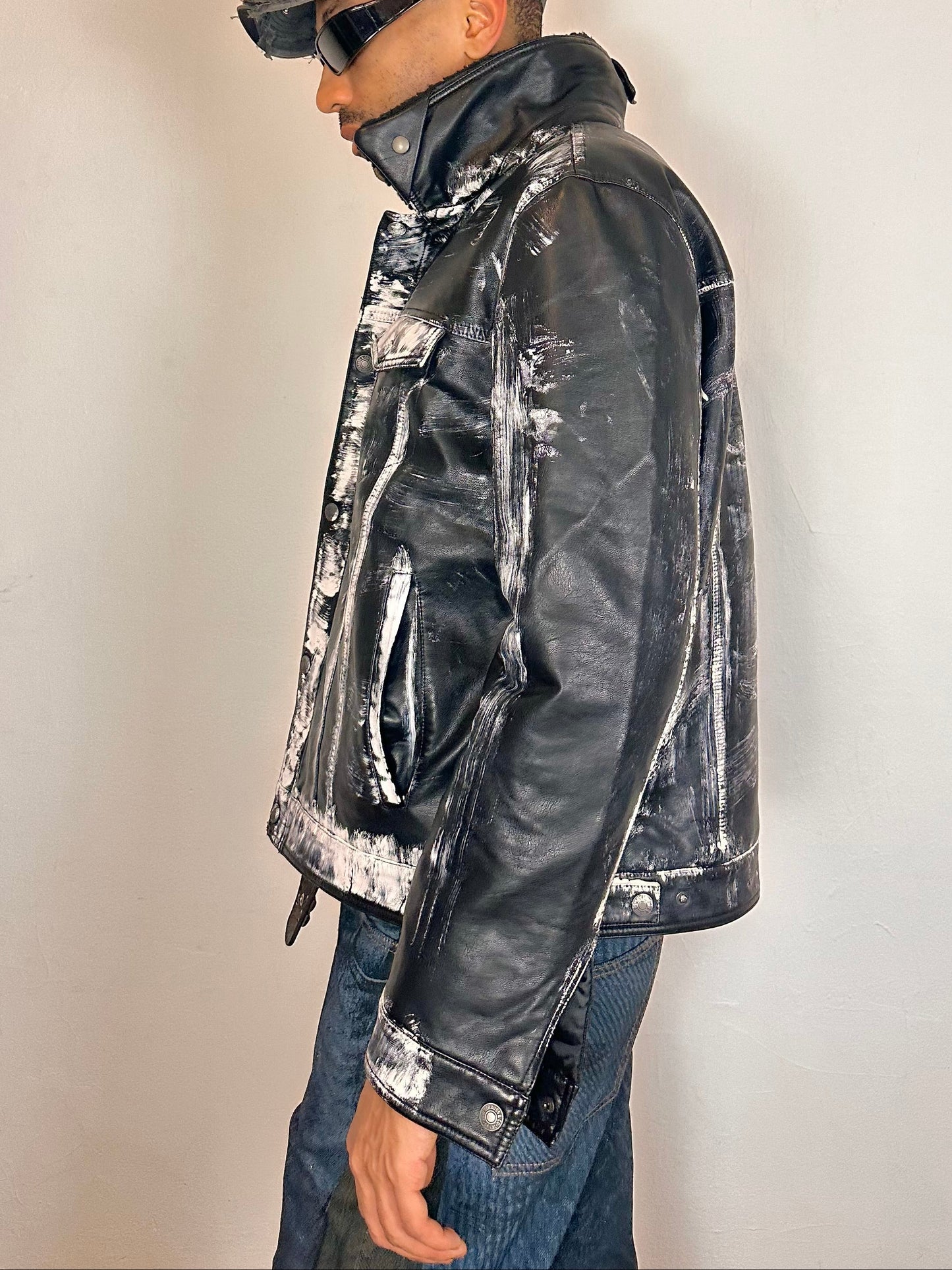 ASTROBOI* LEVIS Black Faux Leather Painted Jacket - XL