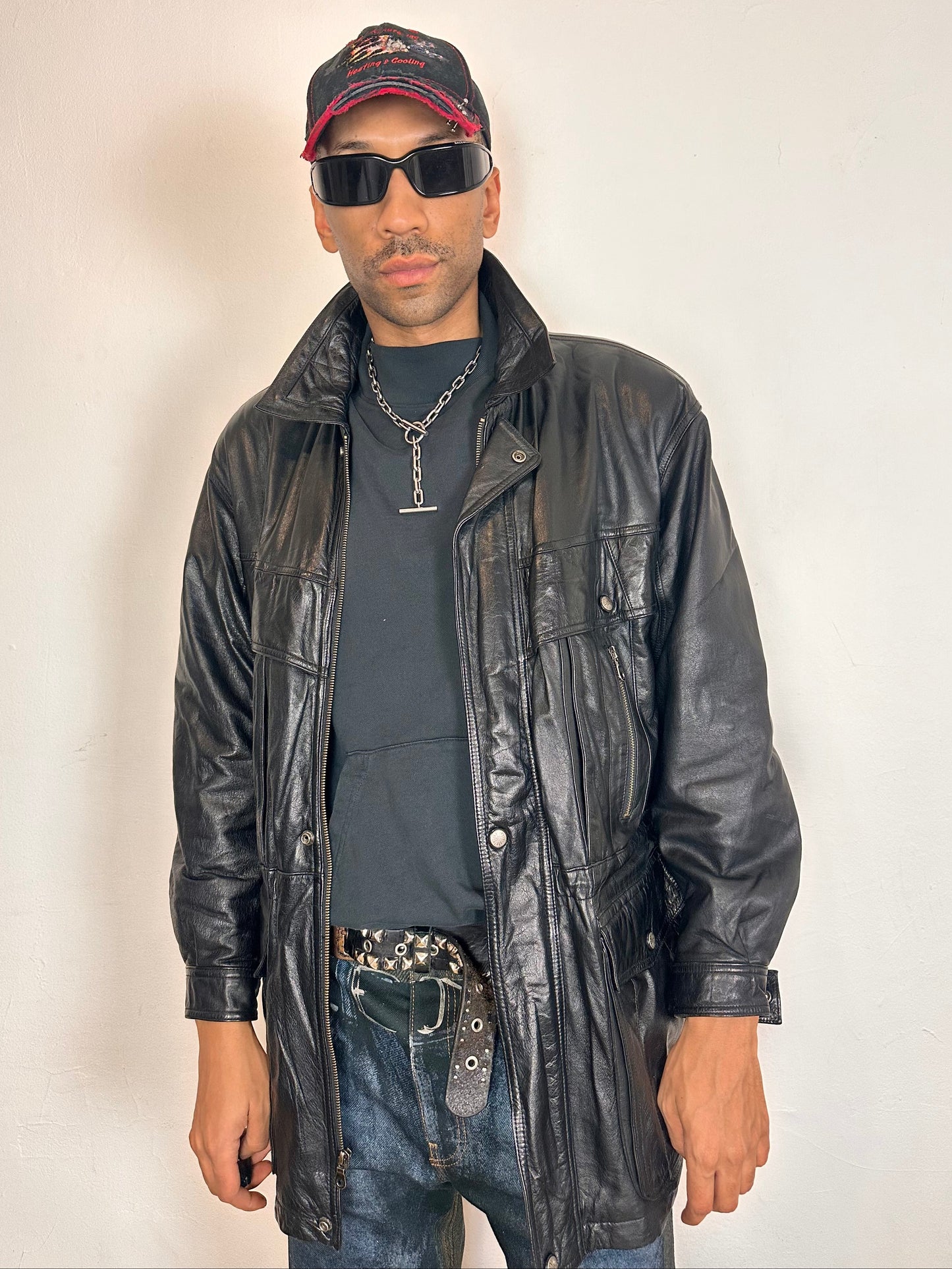 Vintage Global Identity Black Retro Aviation Leather Jacket - Medium