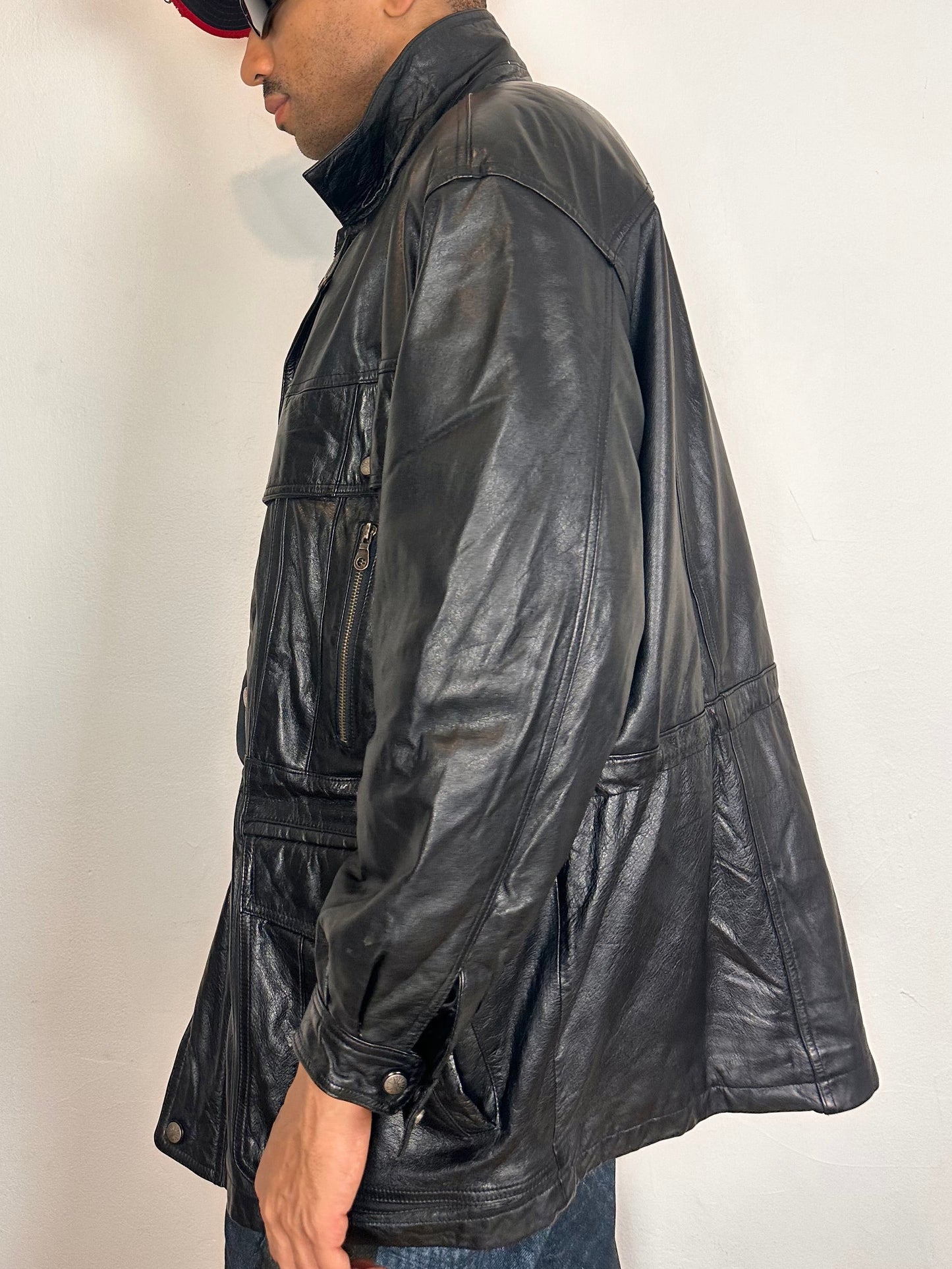 Vintage Global Identity Black Retro Aviation Leather Jacket - Medium