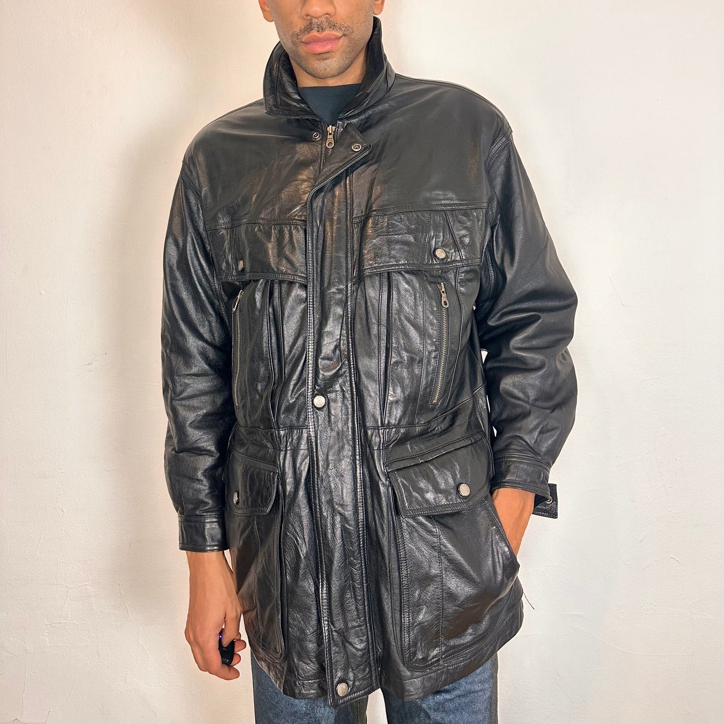 Vintage Global Identity Black Retro Aviation Leather Jacket - Medium