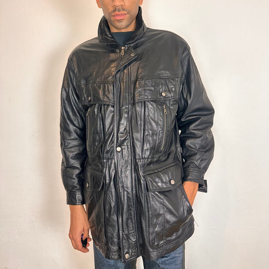 Vintage Global Identity Black Retro Aviation Leather Jacket - Medium
