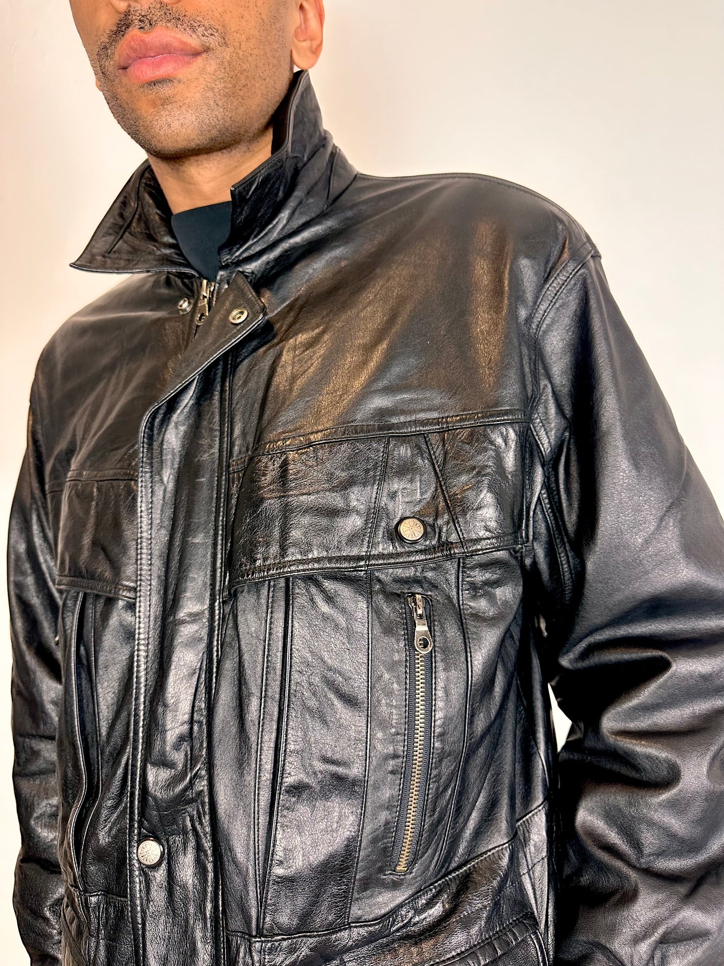 Vintage Global Identity Black Retro Aviation Leather Jacket - Medium