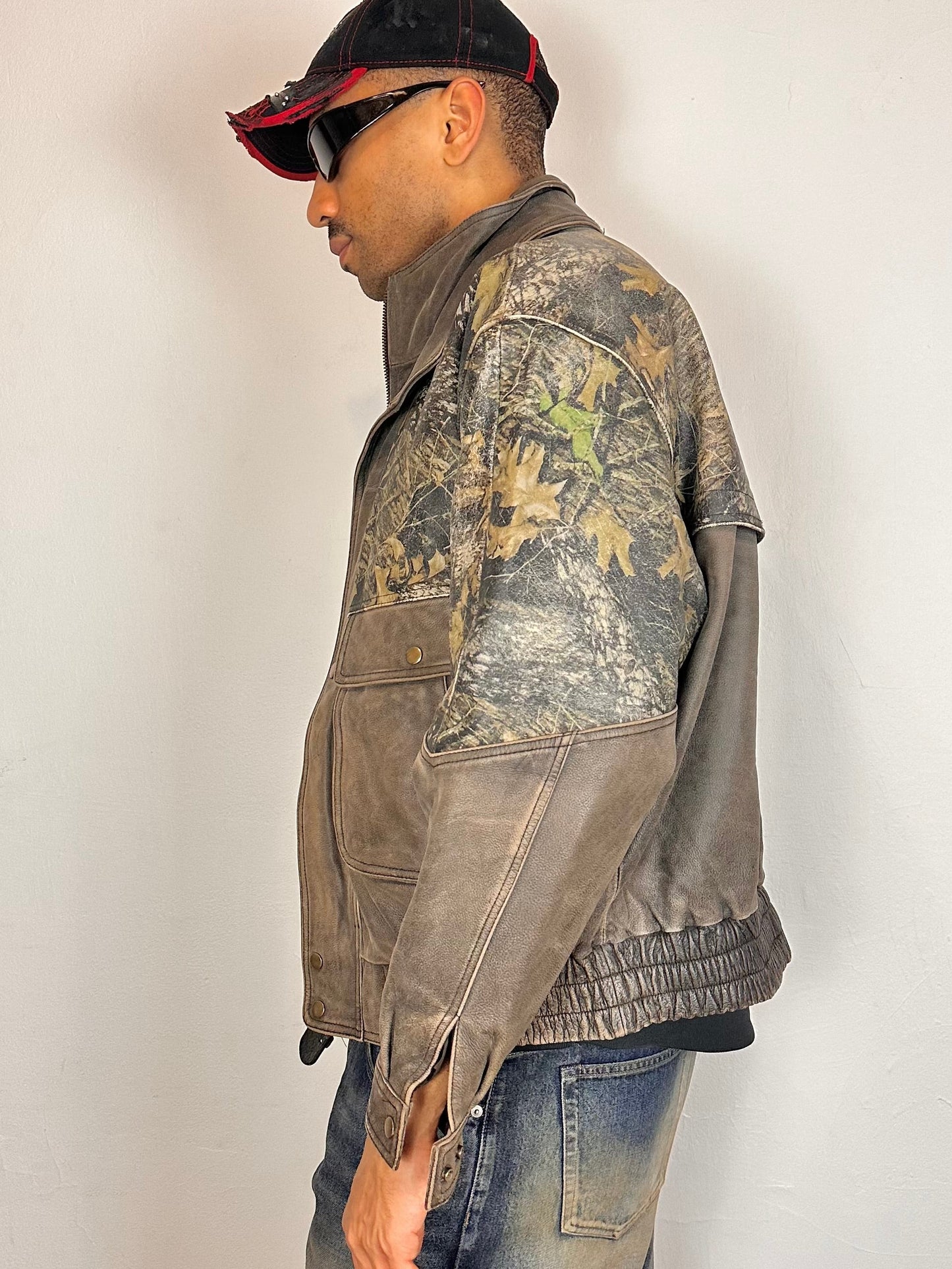 WEBER Brown RealTree Leather Bomber Jacket - XL