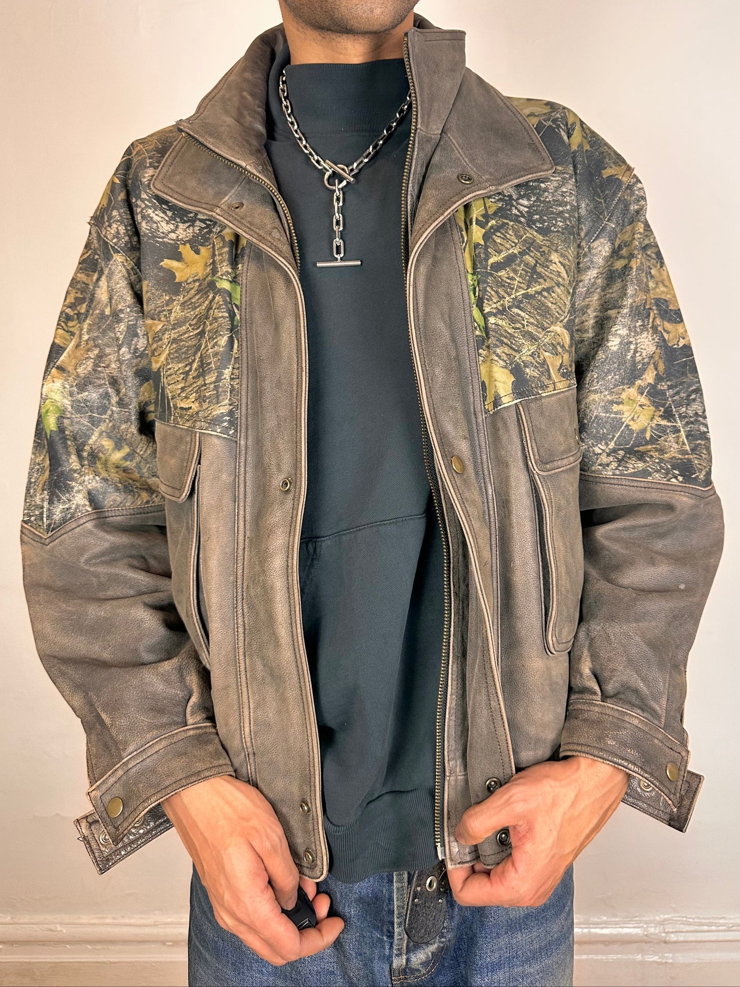 WEBER Brown RealTree Leather Bomber Jacket - XL