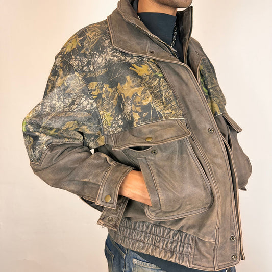 WEBER Brown RealTree Leather Bomber Jacket - XL