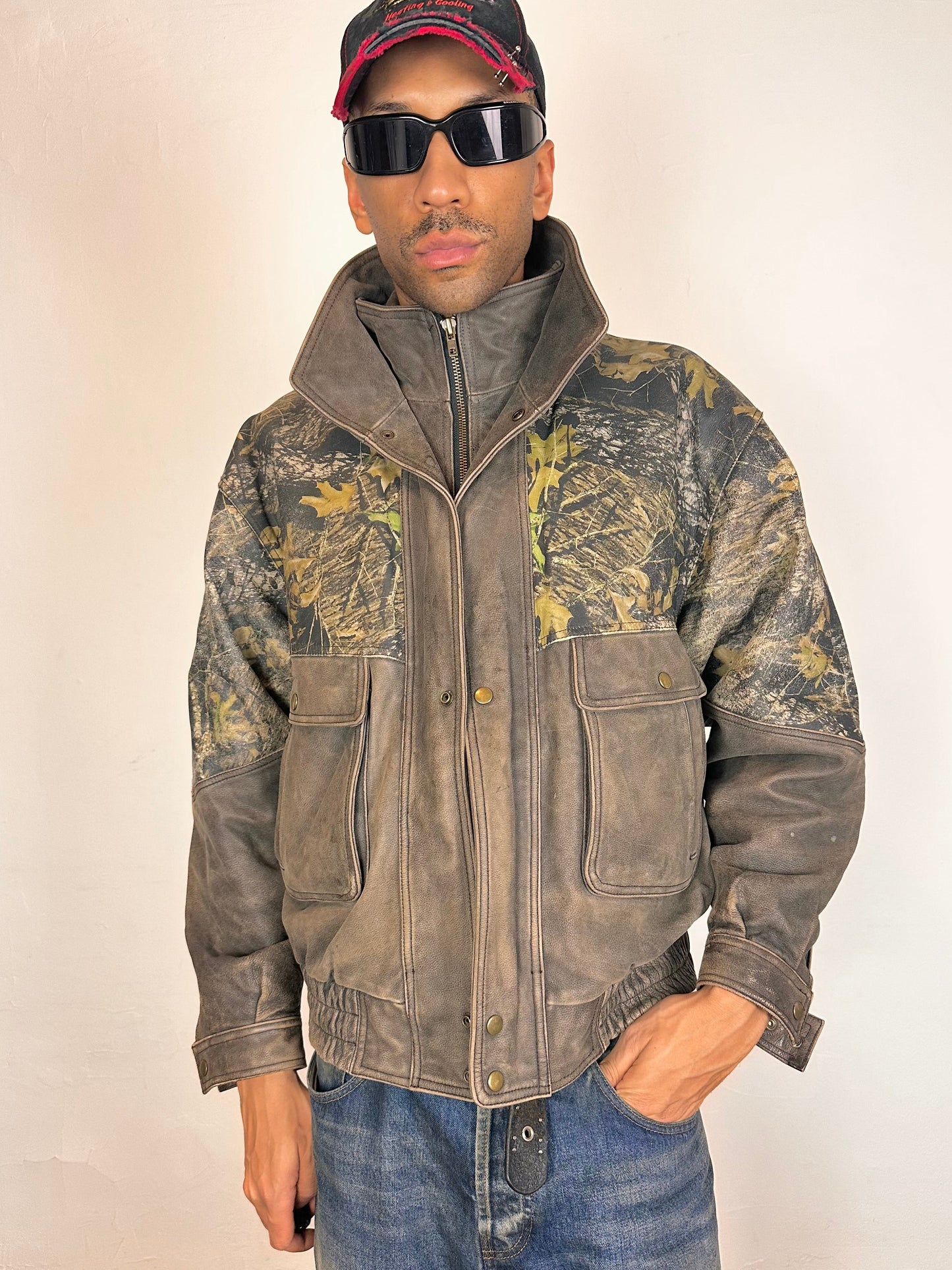 WEBER Brown RealTree Leather Bomber Jacket - XL