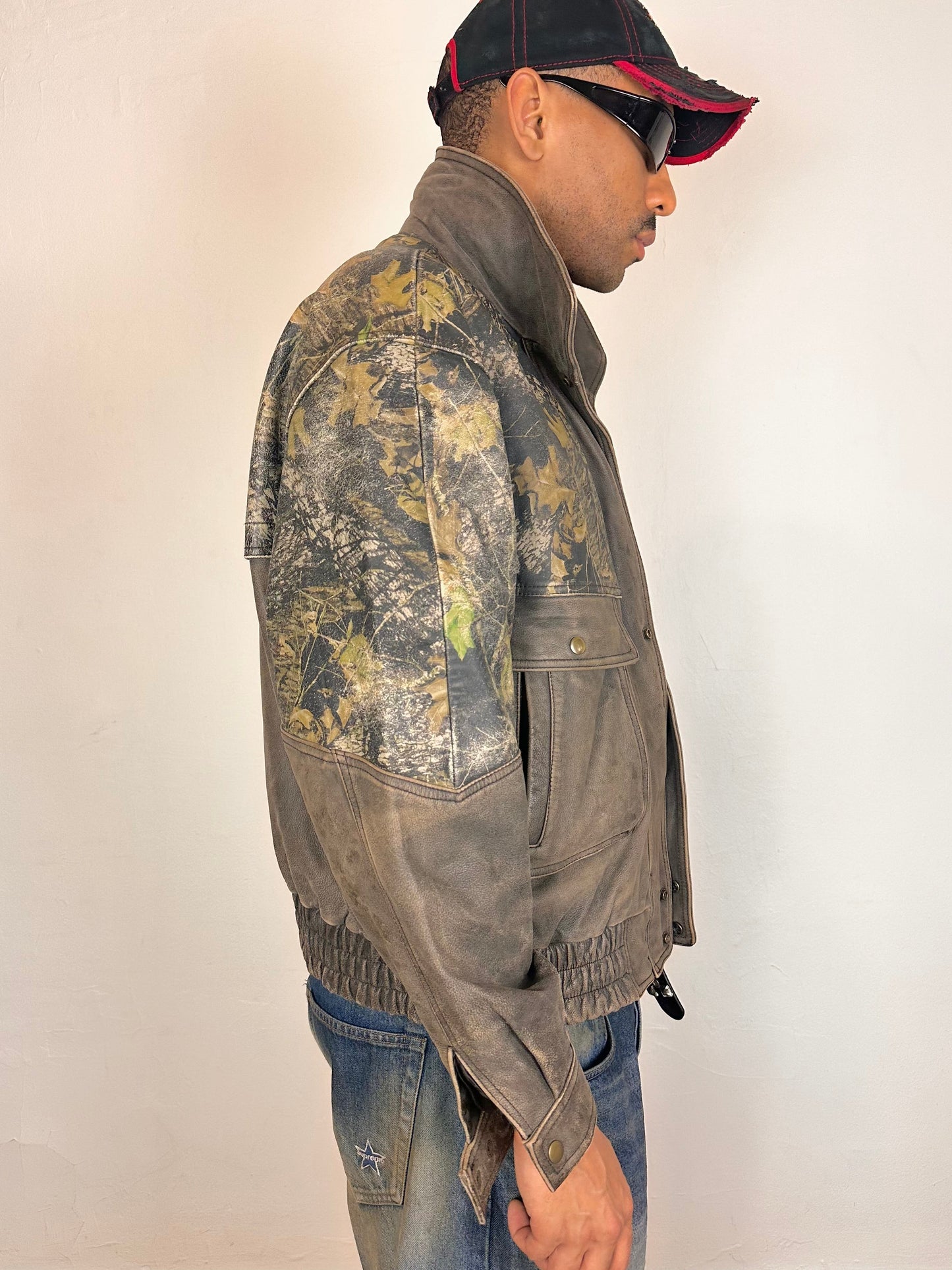 WEBER Brown RealTree Leather Bomber Jacket - XL