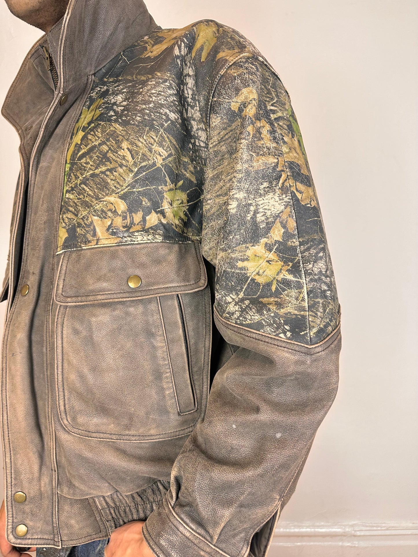 WEBER Brown RealTree Leather Bomber Jacket - XL