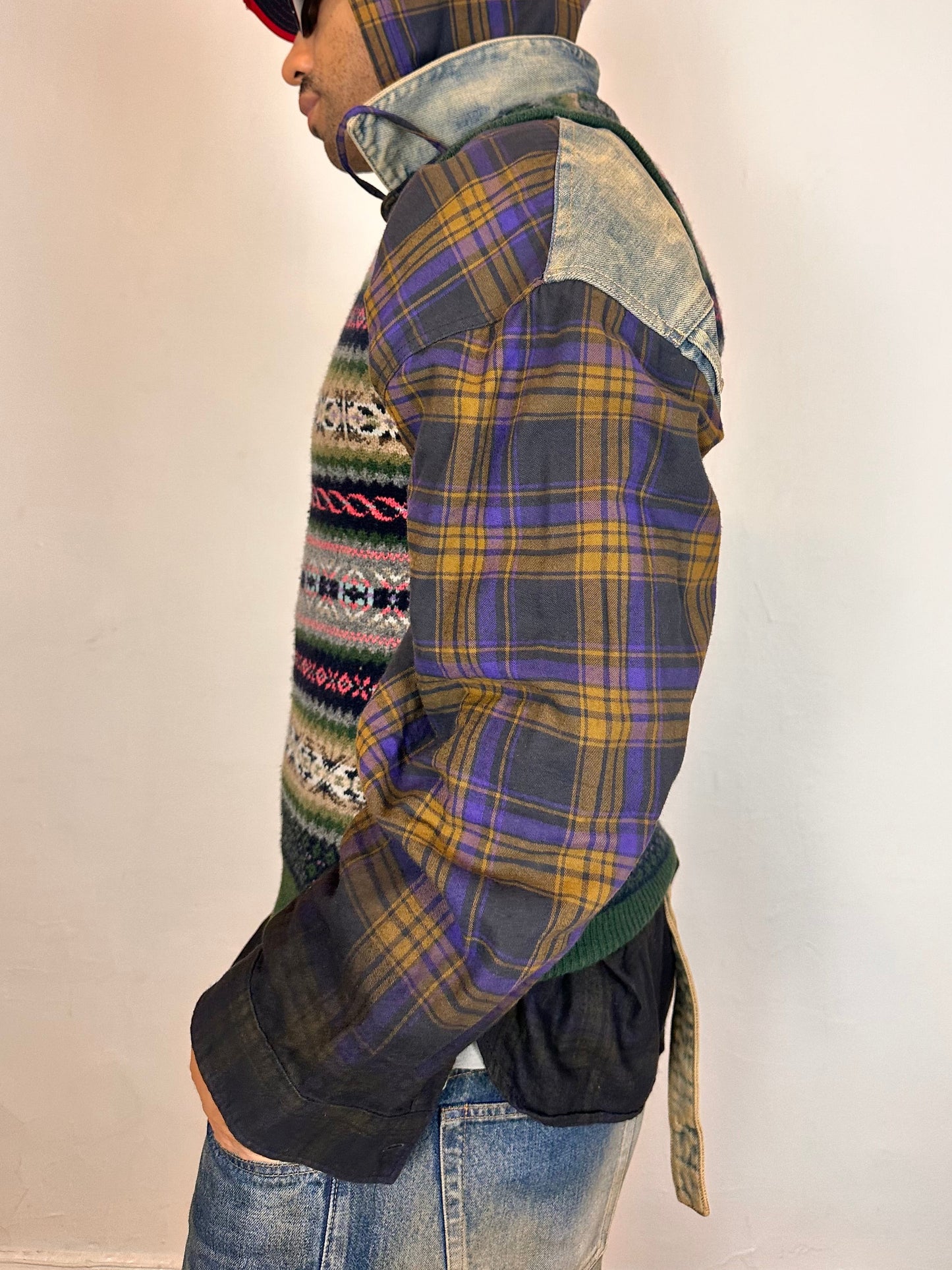 GANT green Fair Isle V-neck sweater vest in lambswool, ribbed hem with logo, relaxed fit, size small, left side