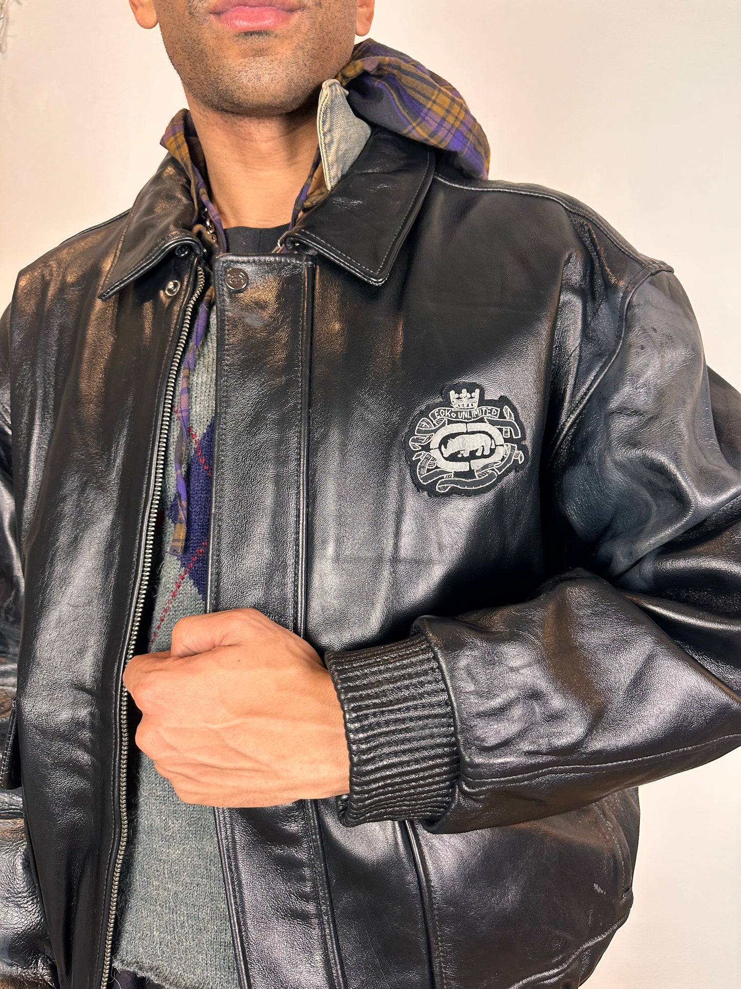 VINTAGE ECKO LEATHER BOMBER JACKET _ BLACK_ XXL