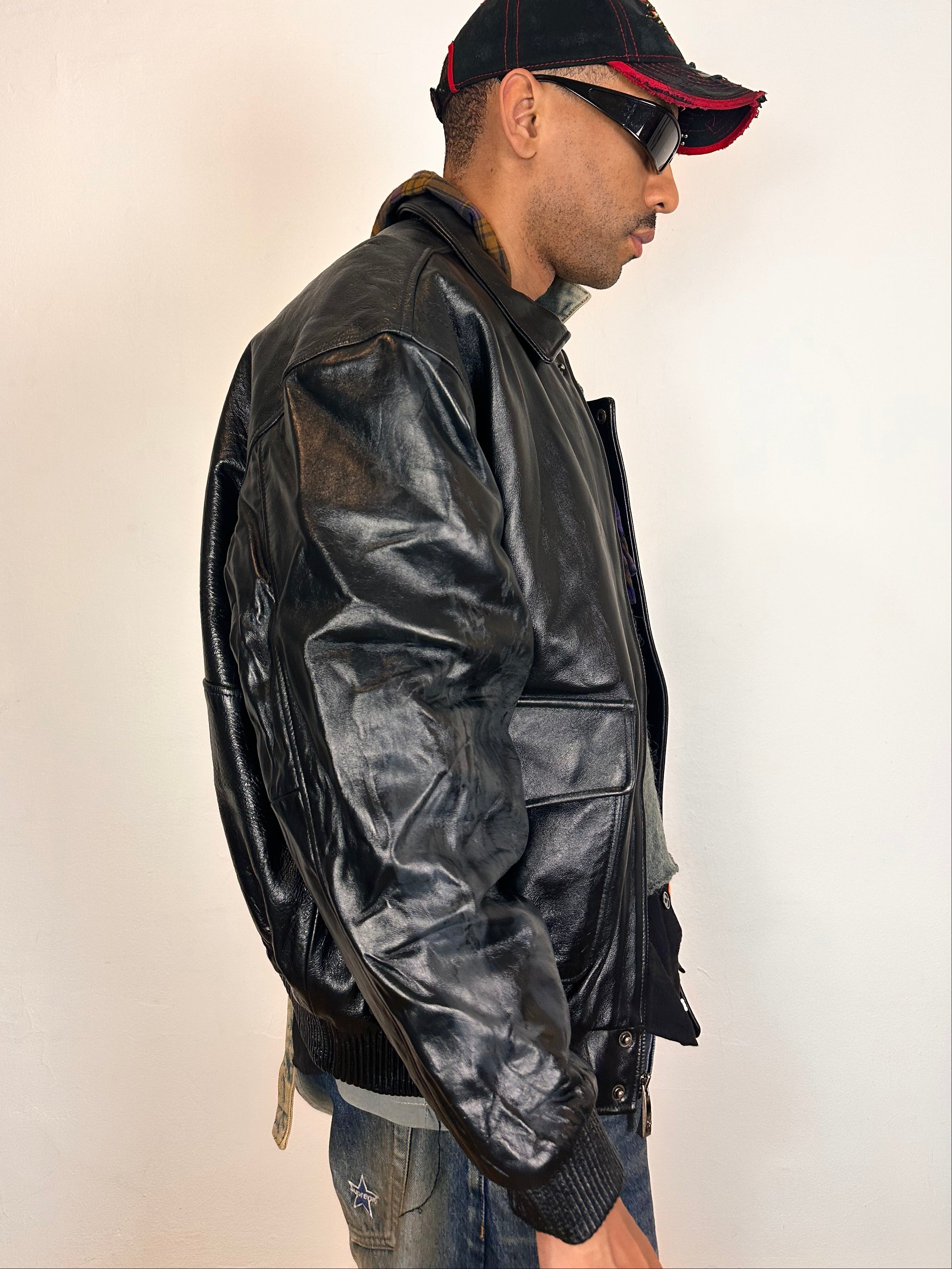 VINTAGE ECKO LEATHER BOMBER JACKET _ BLACK_ XXL – astroboi-vintage